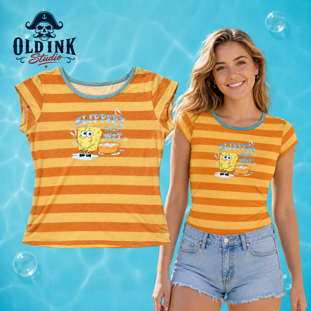 Y2K Vintage SpongeBob Slippery When Wet Striped Baby Tee