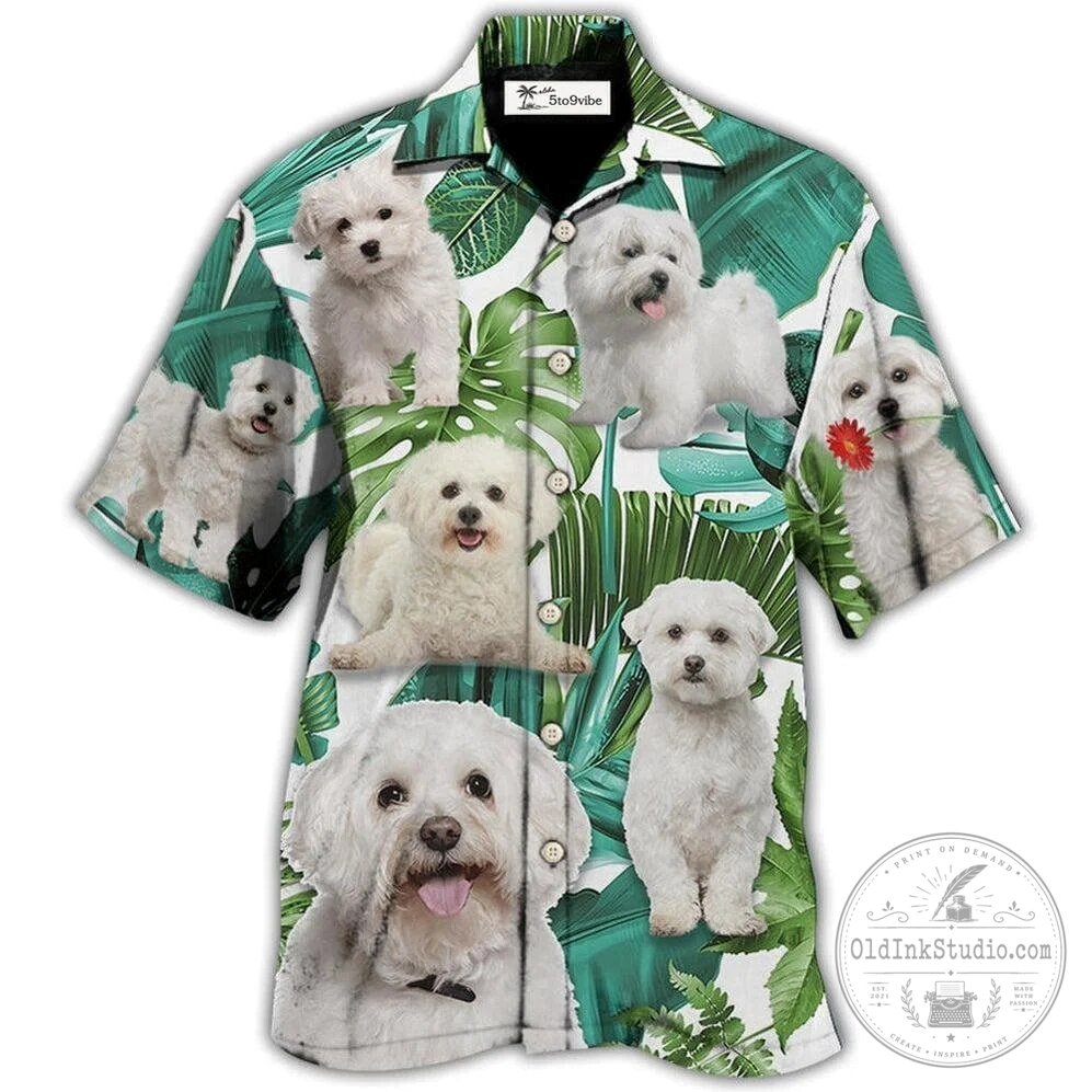 Bichon Frise Dog Tropical Leaf Pattern Hawaiian Shirt