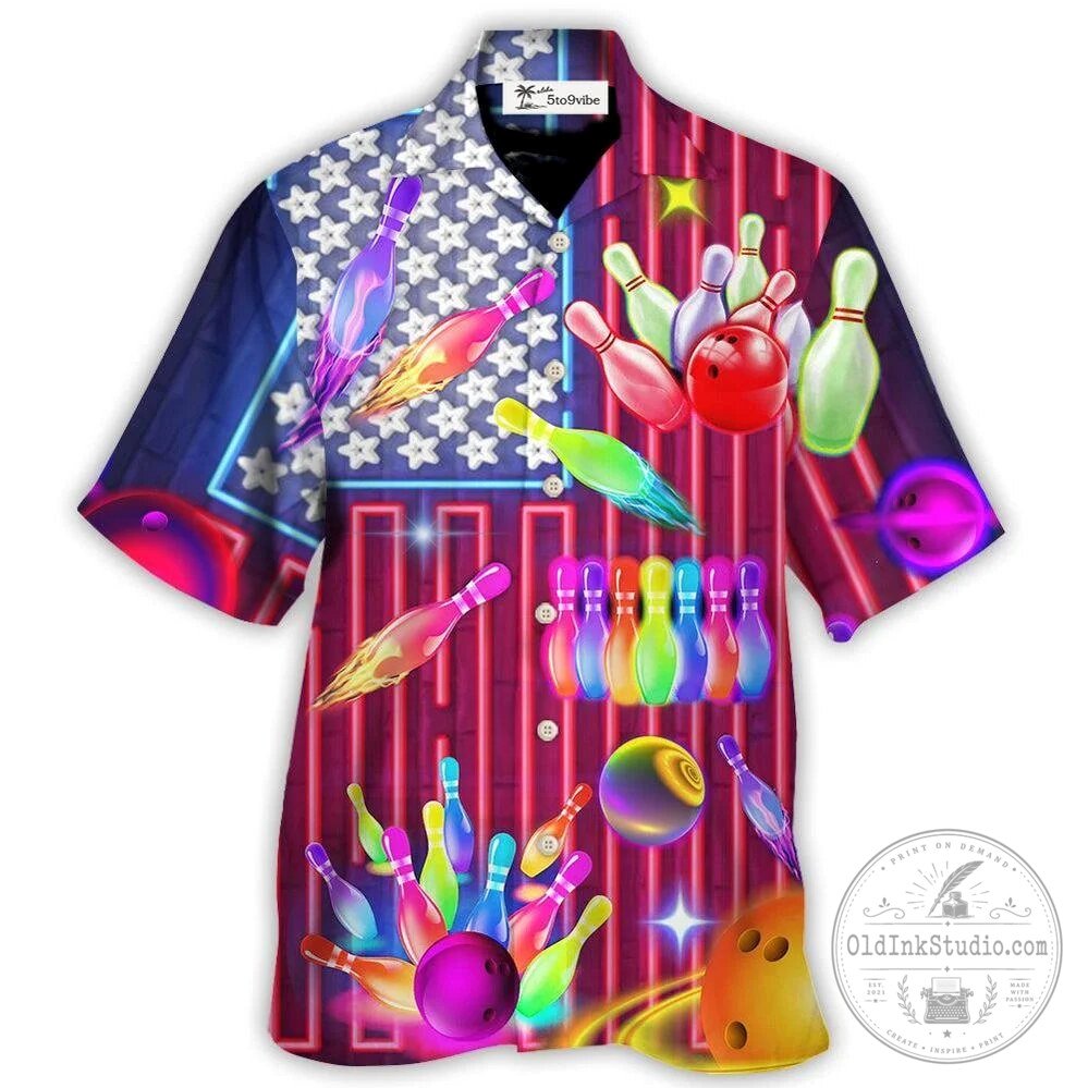 Bowling Independence Day American Flag Neon Pins Hawaiian Shirt